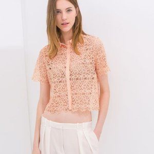 Zara Peach Guipure Lace Button Up Top Size Small